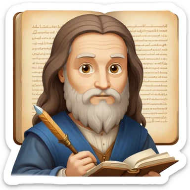 Cinematic Realistic Leonardo da Vinci Portrait Emoji, depicted as the quintessential Renaissance polymath with deep, thoughtful eyes, a flowing beard, and a quill or sketchbook in hand. The scene is illuminated with warm, classical lighting, evoking the atmosphere of a master artist’s workshop, surrounded by early sketches of inventions and masterpieces like the Mona Lisa. sticker
