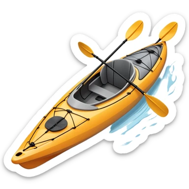 An icon showing a close-up of a sleek kayak with double-bladed paddles gliding through water. Splashes surround the boat as it cuts across a calm surface, symbolizing speed and focus. Transparent background emphasizes the dynamic and personal nature of kayak paddling. sticker