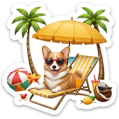 a corgi dog laied on a beach chair, a sunny beach, a sun umbrella, and beach coconut trees. the icon should capture the essence of a relaxing beach vacation with a carefree atmosphere sticker