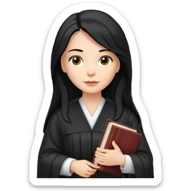 white-women-with-long-black -hair-lawyer-in-lawyer’s-robe. Have law book in hand with bookshelf full of law books in the background sticker