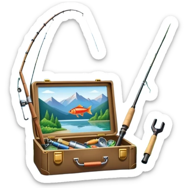 Icon for Fishing Travel: a fishing rod, tackle box and a boat on a calm lake surrounded by mountains and lush greenery, with fish jumping out of the water. The icon should capture the peaceful and adventurous nature of fishing trips. Transparent background. sticker