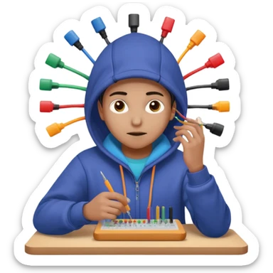 An emoji of an engineer working on a complex breadboard with many colorful wires and components. A Wi-Fi signal icon pulses above their head. They wear a hoodie and have a focused expression. Simple, cute, icon style. sticker