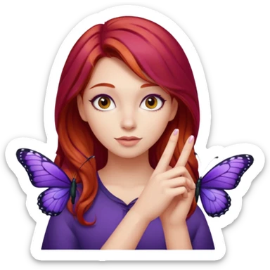 Purple butterfly resting on red haired girl finger sticker