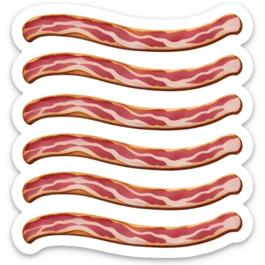raw bacon strip, flexible, pink-red meat, white fat marbling, gentle curves, irregular edges, fresh, slightly glossy, clean 3D rendering, soft light, subtle shadow, no packaging, no anthropomorphic features, transparent background, emoji scale sticker