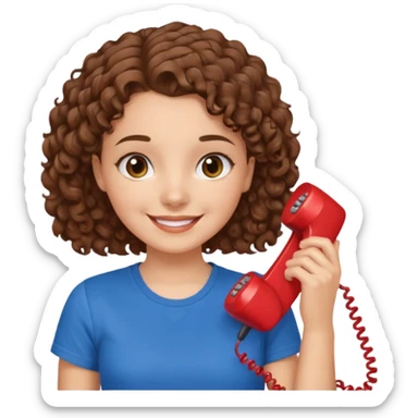 chica con piel blanca sonriendo, ojos marrones y pelo marrón atado con rulos con remera celeste. atendiendo un teléfono rojo sticker