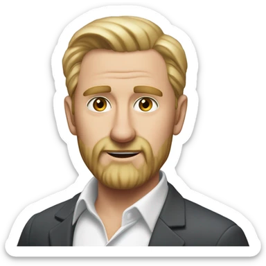 middle aged english man, short slicked back hair blonde, blonde medium length size full beard, eyesbrows not raised, in a smart white unbuttoned shirt. sticker
