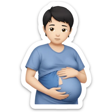 pregnant asian boy with short messy black hair holding his belly embracing his pregnancy sticker