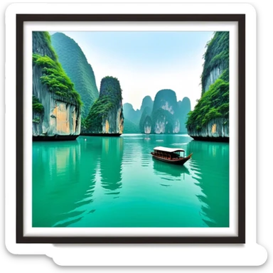 Cinematic Realistic Ha Long Bay Landscape Emoji, depicted with limestone karsts emerging from emerald waters rendered with intricate detail and dynamic natural lighting. sticker