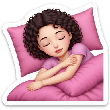 Sleeping girl on pink pillow dark curly hair pale skin sticker