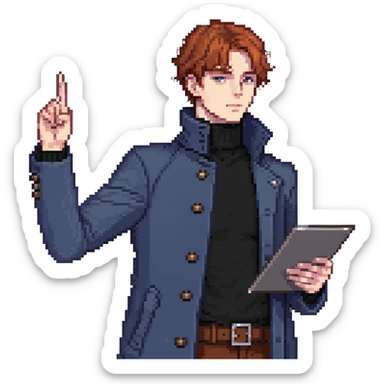 Flat pixel art, bold and charismatic male leader, Caucasian, short auburn hair, sharp eyes, indigo coat over black turtleneck, one arm raised pointing out, holding tablet, waist-up, front-facing sticker