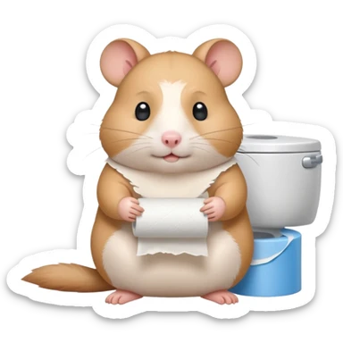 Cute chubby cartoon-style hamster holding toilet paper sitting on toilet looking as if he had an accident, sticker-style illustration sticker