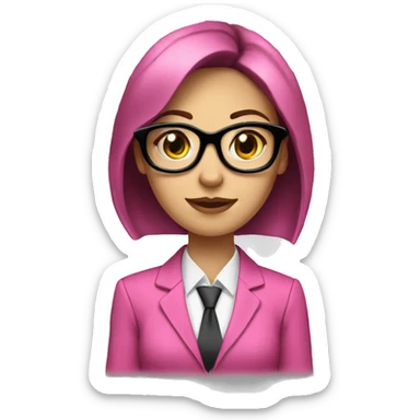 white skin female with glasses, pink suit, dark hair, with the laptop with currency signs around her, full face, frontal sticker