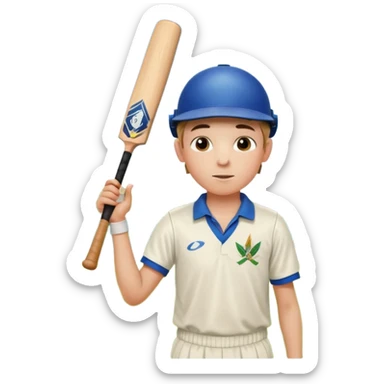 A boy standing in  cricket ground lifting his bat upwards and looking the sky after completing his century sticker