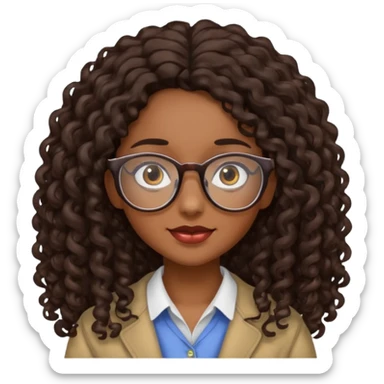 Chica con cabello rizado largo color cafe oscuro ,piel morena que use lentes. sticker