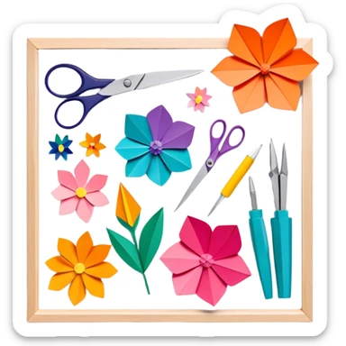 Paper crafting icon, various paper crafts like origami, 3D paper flowers, and scrapbooking materials, visible tools such as scissors, glue stick, and colour paper sheets, colorful paper patterns, minimalistic style, clean lines, transparent background. sticker