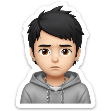generate a pretty bratz fair skinned boy with messy black hair in a grey hoodie looking sad and bored with hand on chin sticker
