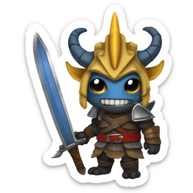 Dragonborn fighter with twin swords  with red blades and yellow Handels and blue scales and black horns  sticker