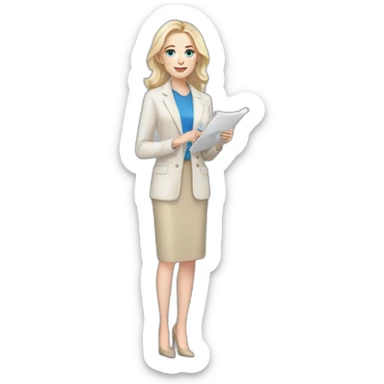 pale skin woman interior designer with cold blonde middle length hair, blue eyes, beige blouse, White oversize jacket, Gray skirt holding a color palette in the hands sticker