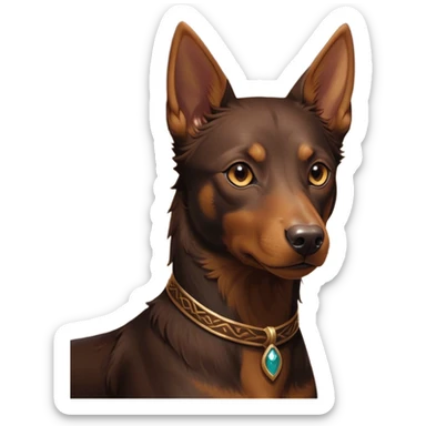Cinematic Noble Brown and Tan Kelpie Portrait Emoji, Poised and regal, with a strong, agile build and a rich, well-groomed Fur of warm brown and tan, piercing warm eyes, Simplified yet sharp and sophisticated features, highly detailed, glowing with a soft, dignified glow, high shine, intelligent and energetic, stylized with an air of determination, focused and attentive, soft glowing outline, capturing the essence of a watchful and confident herder, so majestic it feels as though it could bound out of the screen with effortless authority! sticker