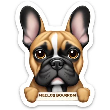 Black and Carmel colored french bulldog with a work name tag that says hello my name is bourbon  sticker