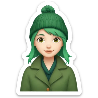 Girl with green hair wearing winter coat and a woolen hat with a relaxed posture and friendly face sticker