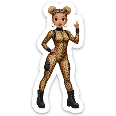 Melanie Brown smiling with her hair in space buns and wearing a tight leopard print bodysuit and black combat boots sticker