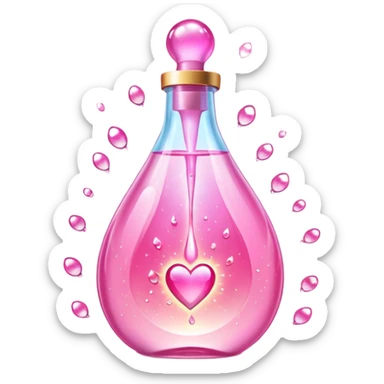 Pink teardrop-shaped glass bottle with rounded pump, glowing with iridescent light. Surrounded by sparkling dew drops, soft heart-shaped flares, and floating. Emits a radiant pink aura that glows like sunrise on skin. Feels like a glamour spell bottled into a juicy, glossy emoji flask. sticker