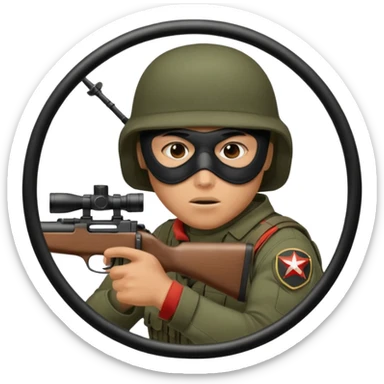 Close-up of a masked army soldier looking through the crosshair of his rifle  as seen from the side as he takes aim sticker