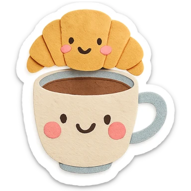 coffee cup with croissant character, blushing cheeks, soft pastel hand-drawn style, transparent background sticker