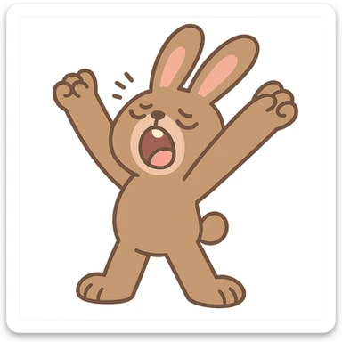 brown bunny stretching arms while yawning, pastel-toon style sticker