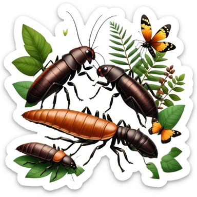 Close-up of giant Madagascar hissing cockroaches, butterflies, and stick insects in their natural habitat. The insects are shown in detail, highlighting their unique textures and colors, surrounded by plants and leaves. Soft lighting to enhance their features. Transparent background. sticker