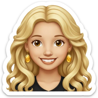 Girl showing happiness, light skin, long wavy blonde hair, gold earrings sticker