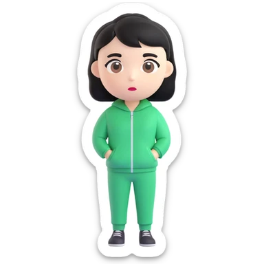 Create a 3D emoji style version of the character with short black hair, wearing a green tracksuit, and a serious expression. The design should be inspired by the Squid Game main character, featuring a round emoji face with simplified features suitable for a 3D emoji style. sticker