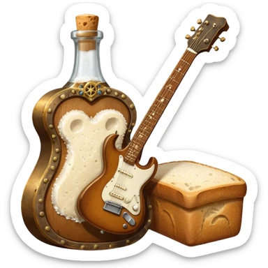 steampunk - a bottle of salt (salt shaker) and a loaf of  bread with a small SG Gibson electric guitar sticker