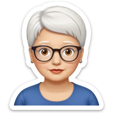 Create me emoji of an old mid-fat lady. Short white hair to left side. Square glasses. Brown eyes. Without any earrings on her ears. Long head sticker