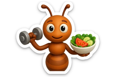 EMOJI STILE IPHONE 3D DI UNA formica CHE ha un manubrio da palestra nella mano destra e un insalata nella mano sinistra, FAGLI GLI OCCHI CON LA PARTE BIANCA, NON SOLO LA PUPILLA sticker