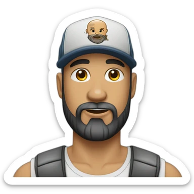 bald man with tattoos and beard wearing a trucker cap sticker