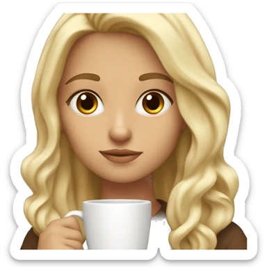 blonde girl with brown eyes studying with a coffee sticker
