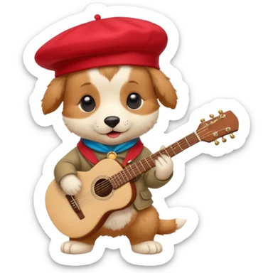 Steampunk:a very cute and adorable anthropomorphic puppy with a red beret is playing an acoustic guitar sticker