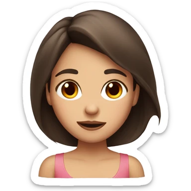 A brunette girl blushing wih a red face sticker