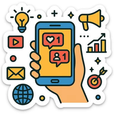 hand holding smartphone displaying social media notifications with background of digital marketing symbols, bold eye-catching style sticker