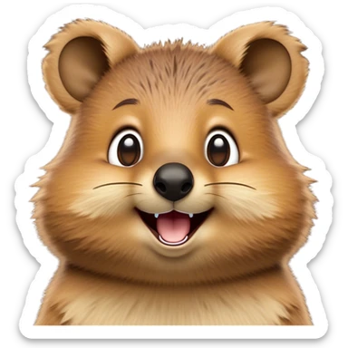 Cinematic Comical Quokka Portrait Emoji, Head tilted dramatically with an exaggeratedly amused expression, featuring a quirky, fluffy brown fur with a wide, playful grin and expressive eyes filled with humorous disbelief, Simplified yet hilariously expressive features, highly detailed, glowing with a slightly sassy glow, high shine, dramatic yet playful, stylized with an air of cheeky marsupial mischief, bright and endearing, soft glowing outline, capturing the essence of a spirited and over‐the‐top quokka, so meme‐worthy it feels like it could beam its way into internet fame instantly! sticker