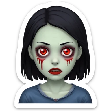 zombie girl with black hair, with a red eye sticker