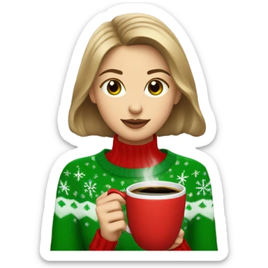 Light brown short haired girl with green eyes drinking coffee wearing red Christmas sweater sticker
