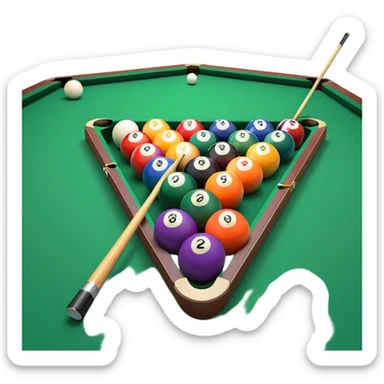 A close-up of a billiard table with a cue stick lined up to strike a colorful set of balls. The focus is on the precision of the shot, with the table’s green surface and the triangular arrangement of balls, creating a dynamic scene of strategy and concentration in the game of billiards. sticker
