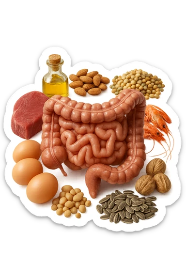 carne, uova, semi oleosi, legumi, crostacei insieme ad INTESTINO umanO realisticO, iperrealistici 4k sticker