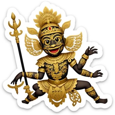 Cinematic Realistic Wayang Kulit Emoji, depicted as an intricate shadow puppet with detailed cut-out figures and traditional patterns, rendered with crisp textures and dynamic cultural lighting that captures its ancient artistry. sticker