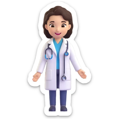 Female doctor with a different hairstyle, 3D emoji style, smiling, wearing a white coat and stethoscope. Maintain the 3D emoji style and friendly medical theme. sticker