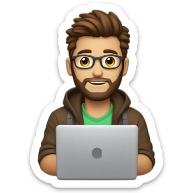 Cute programmer on his laptop looking front with a brown quiff as a hair and brown eyed with a bit of a beard sticker