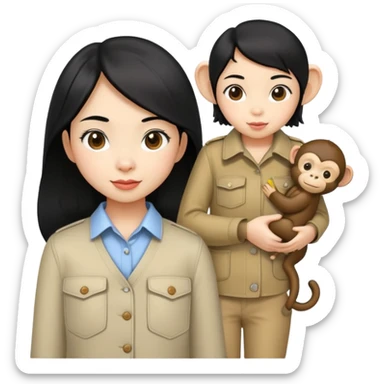 an asian girl with black hair with a cute monkey in her pocket sticker